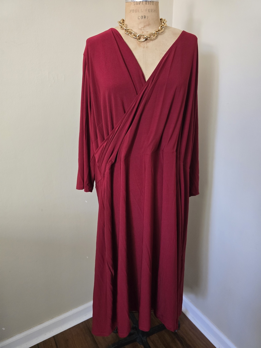 Jessica London Size 32 Burgundy Wrap Maxi Dress Long Sleeve Plus Size